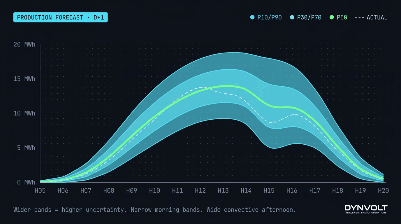 Probability band visualization — actual production overlaid on P10/P50/P70/P90 forecast ribbons across a 24-hour day-ahead window, showing wider bands during partly cloudy hours and narrower bands during clear morning hours