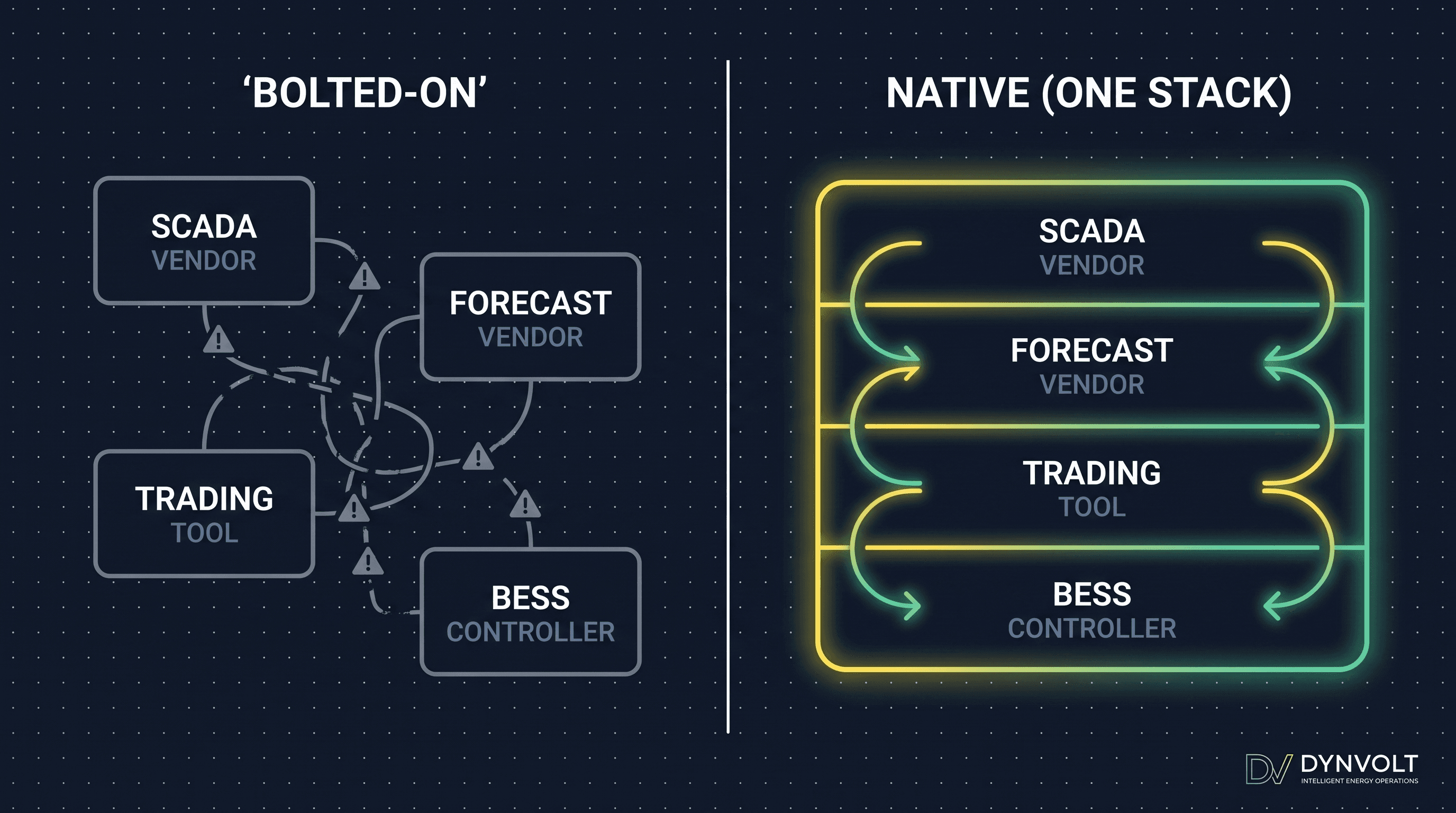 A two-panel comparison: a 'Bolted-on' panel with four disconnected vendor boxes joined by tangled broken lines, versus a 'Native (one stack)' panel with the same four functions as clean stacked layers in a single unified container