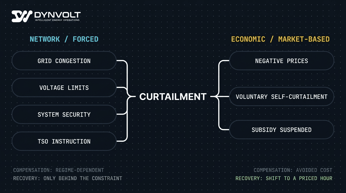 A diagram splitting curtailment into two branches: network/forced curtailment (grid congestion, TSO instruction, system security, voltage) on one side, and economic/market-based curtailment (negative or near-zero clearing prices, voluntary self-curtailment) on the other, each annotated with its compensation regime and its revenue impact