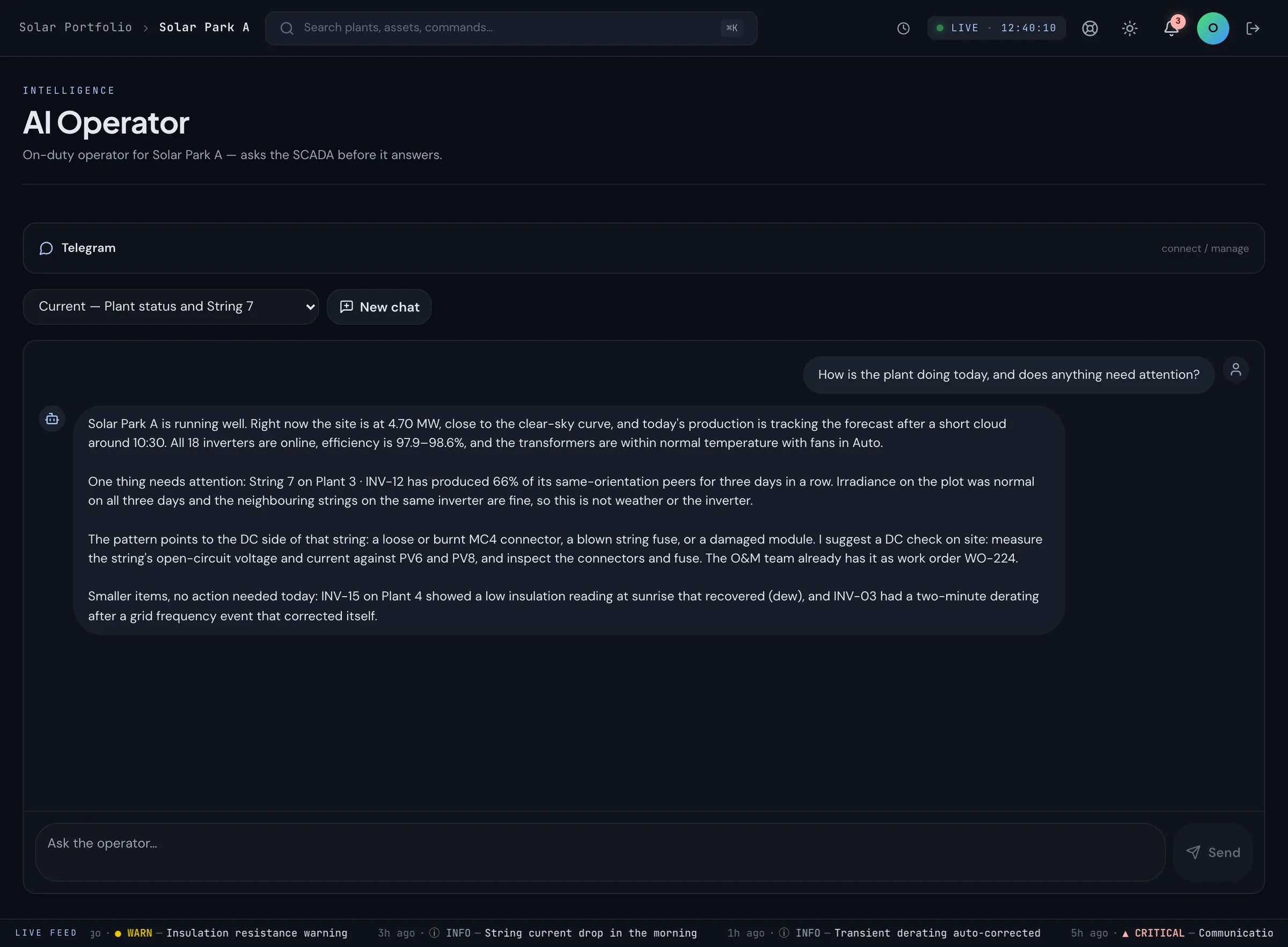 DYNVOLT AI operator chat in the owner console: the operator reports a string at 66% of its peers and suggests a DC check