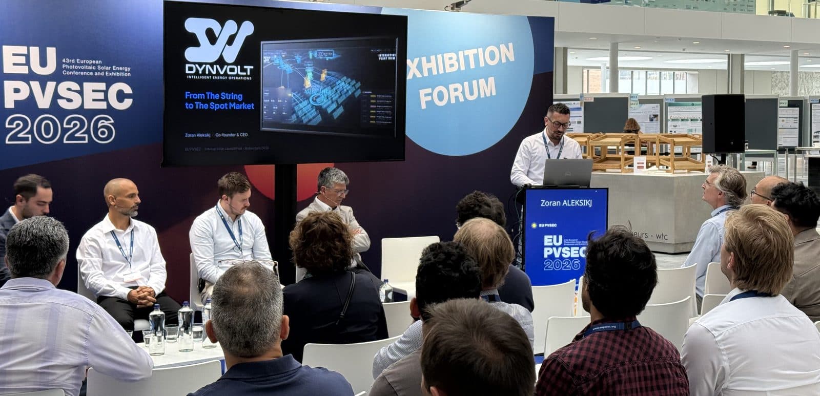 Zoran Aleksikj presenting DYNVOLT, From the String to the Spot Market, to the audience on the Startup Solar Launch Pad stage in the EU PVSEC 2026 Exhibition Forum at WTC Rotterdam