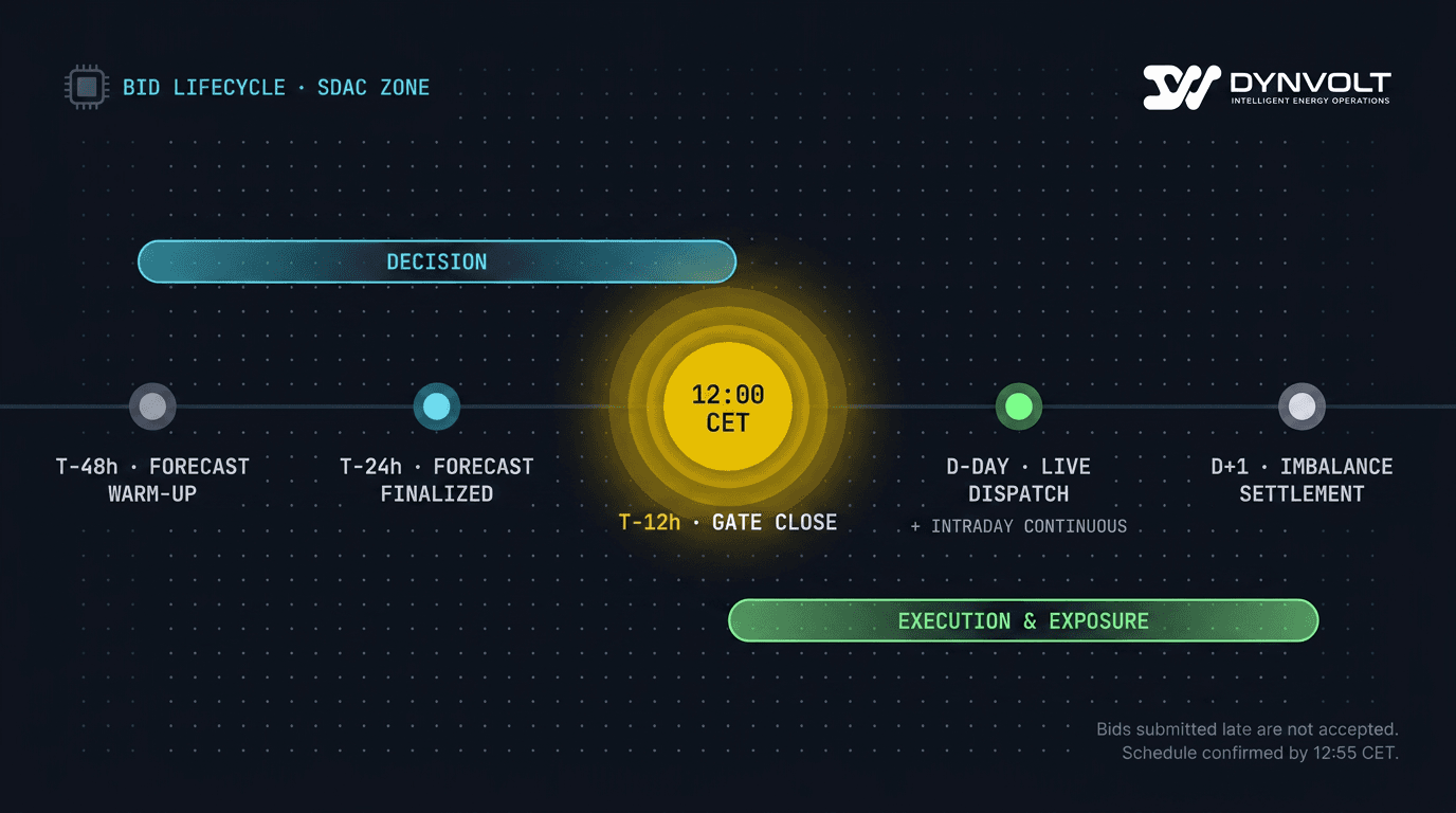 Day-ahead bidding timeline diagram showing forecast finalisation, bid construction window, gate closure at 12:00 CET, D-day live dispatch with intraday continuous, and D+1 imbalance settlement