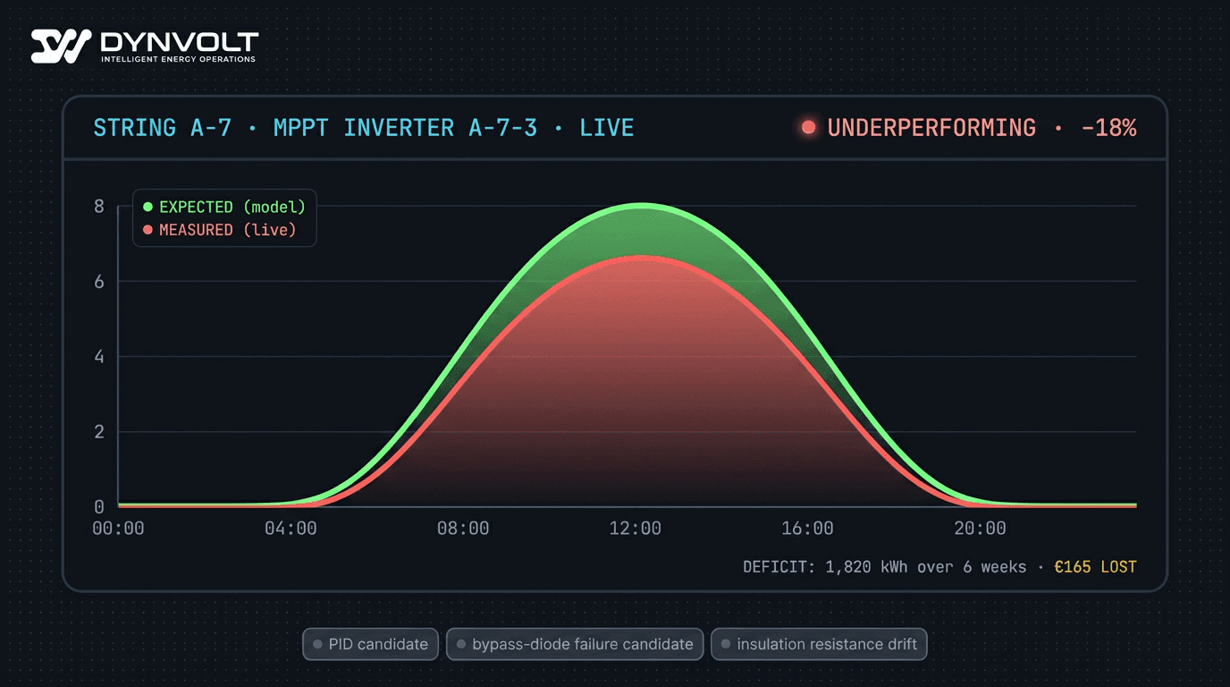 String-level diagnostic chart showing measured current vs model-expected current for a single string over 24 hours, with a clear 18 percent persistent gap and live deviation alerts