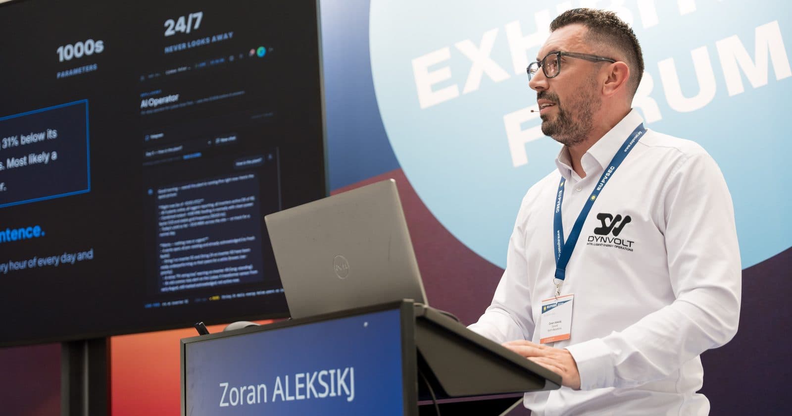 Zoran Aleksikj, co-founder of DYNVOLT, presenting at EU PVSEC 2026 in Rotterdam
