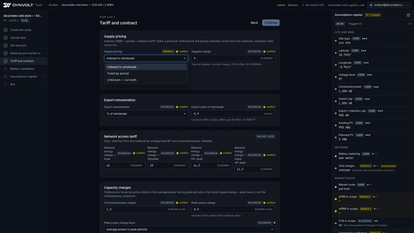 Tariff and contract step of a demo study: supply pricing, export remuneration and the network access tariff from the rulebook.